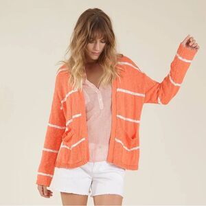 Carve Designs Kirby Cardigan Sweater in Coral & White Stripes Size Small